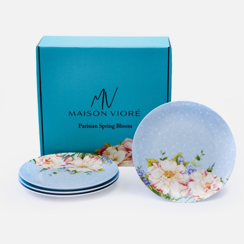 Maison Viore Parisian Spring Bloom 8” Salad Plates Set of 4 Blue